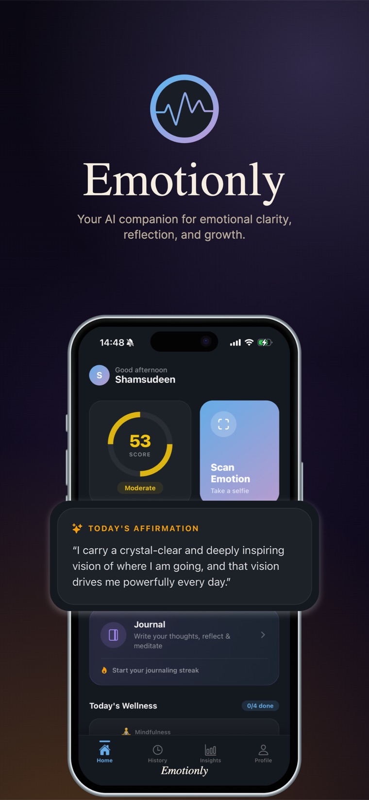 Emotionly home screen showing wellness score and daily affirmation
