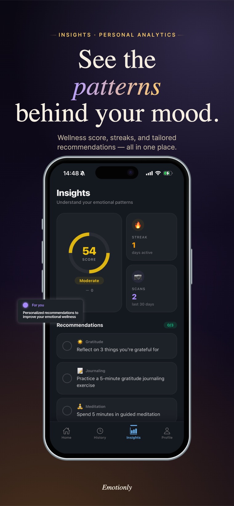 Insights screen showing a wellness score, an active streak, recent scans and personalized recommendations