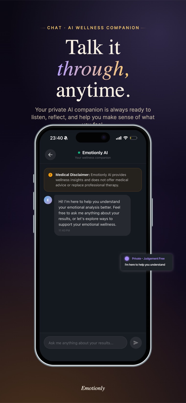 Chat screen with the Emotionly AI wellness companion